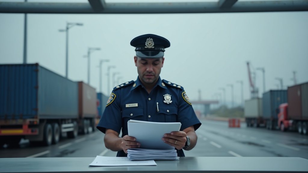 A customs officer in a uniform is examining a stack of documents and a digital tablet on a desk at a border checkpoint, with