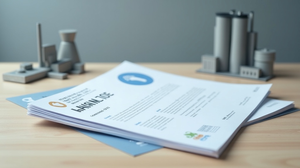 A close-up shot of a stack of CBAM certificates on a wooden desk, next to a small, stylized model of a steel mill. The certif