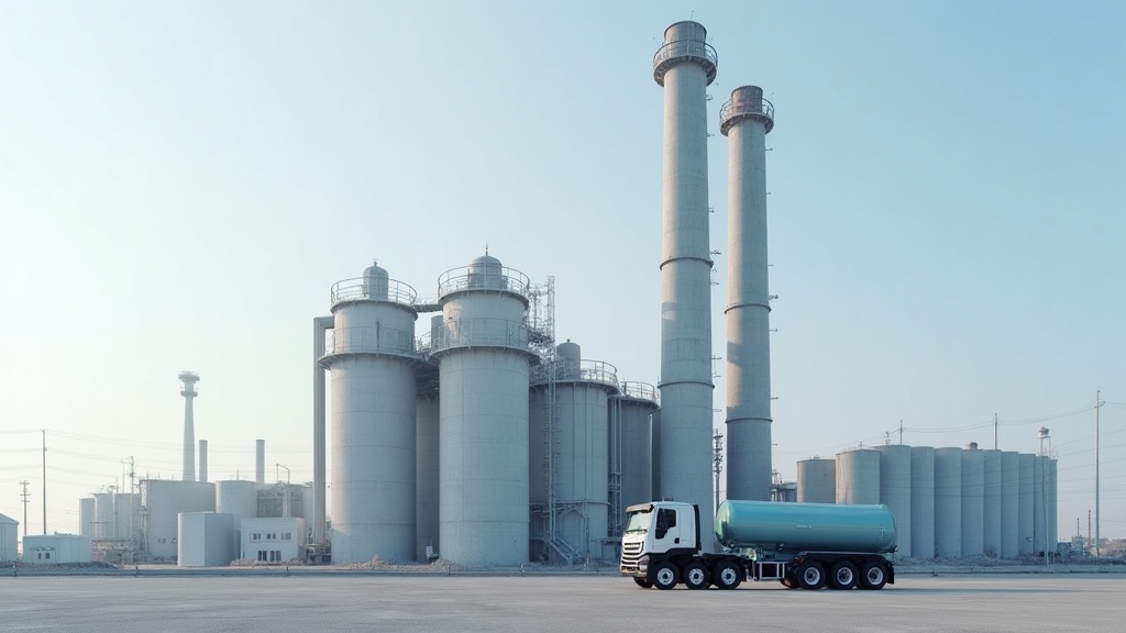 A modern cement plant with visible carbon capture units attached to its smokestacks, under a clear sky. A specialized vehicle
