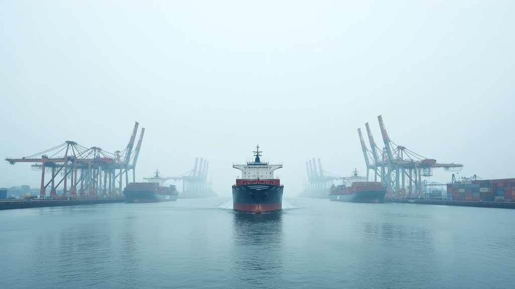 A busy port with several cargo ships being loaded and unloaded, large industrial cranes visible, under a clear sky. Focus on