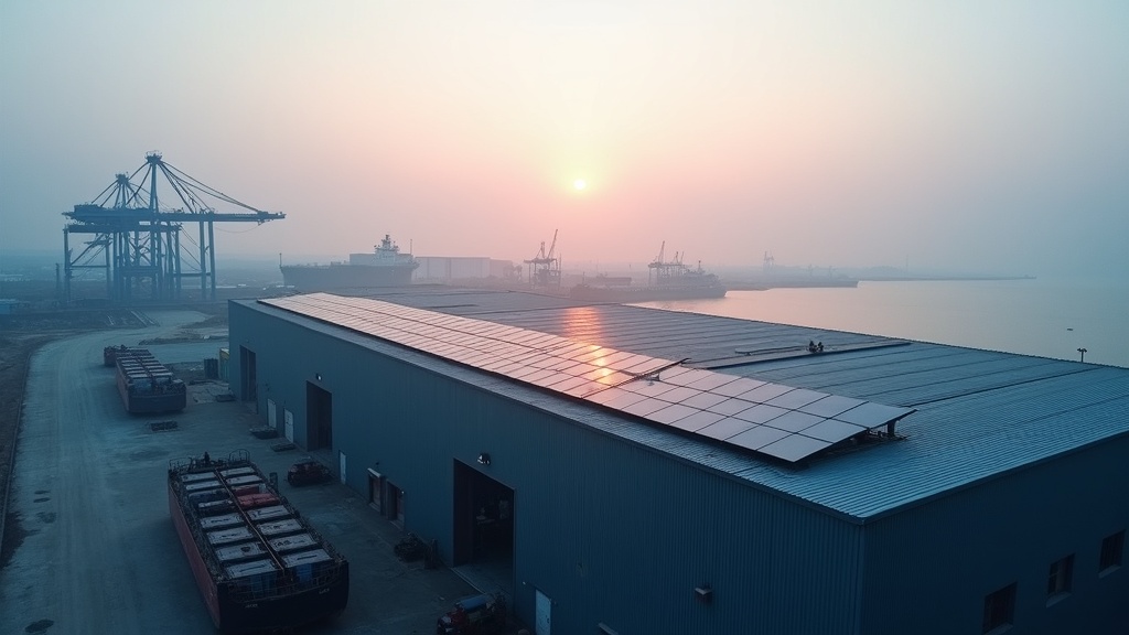 A modern steel mill in Vietnam with solar panels on the roof, seen from an aerial perspective at dawn, with cargo ships in th